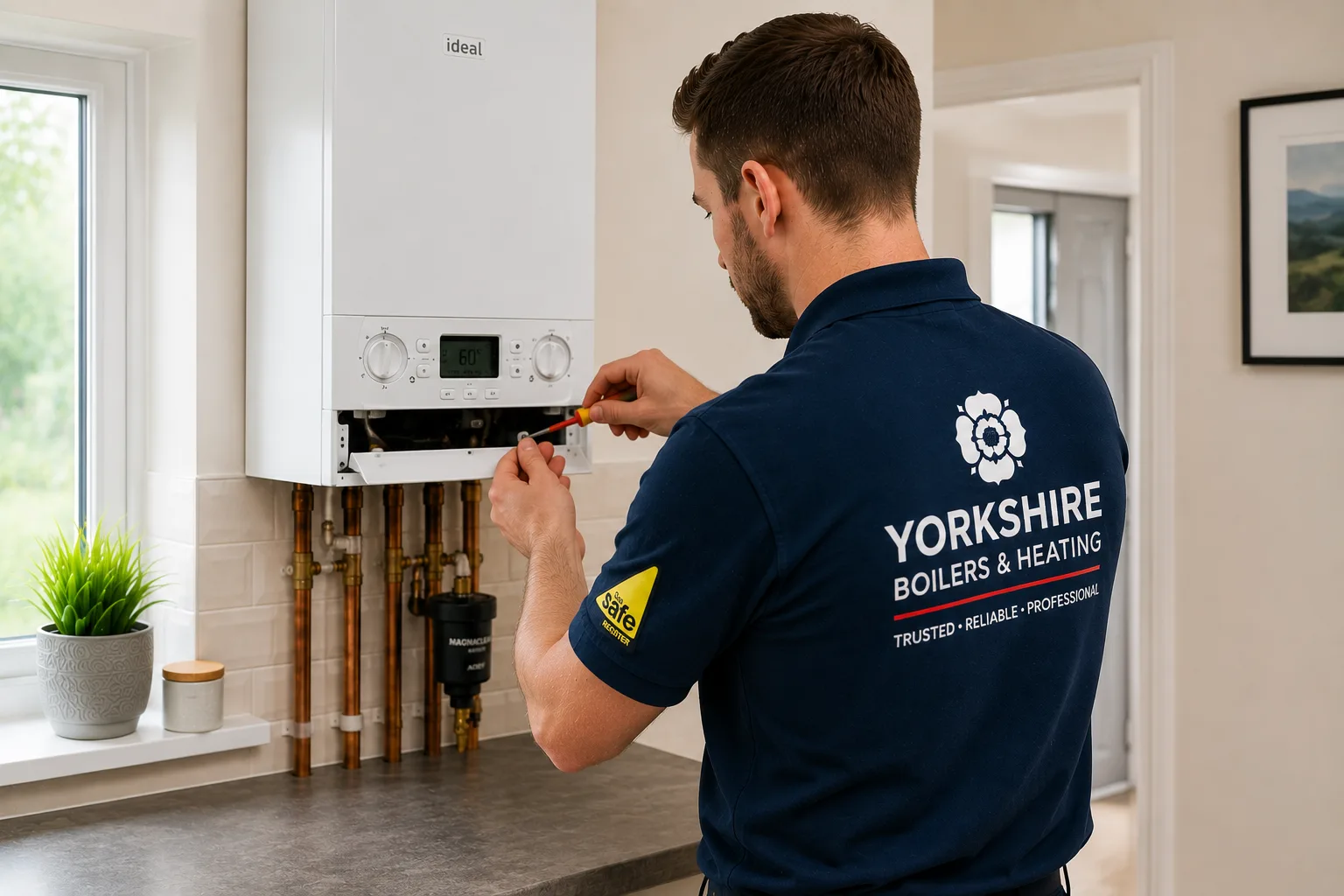 Gas Safe registered engineer carrying out an annual boiler service in a Yorkshire home utility room