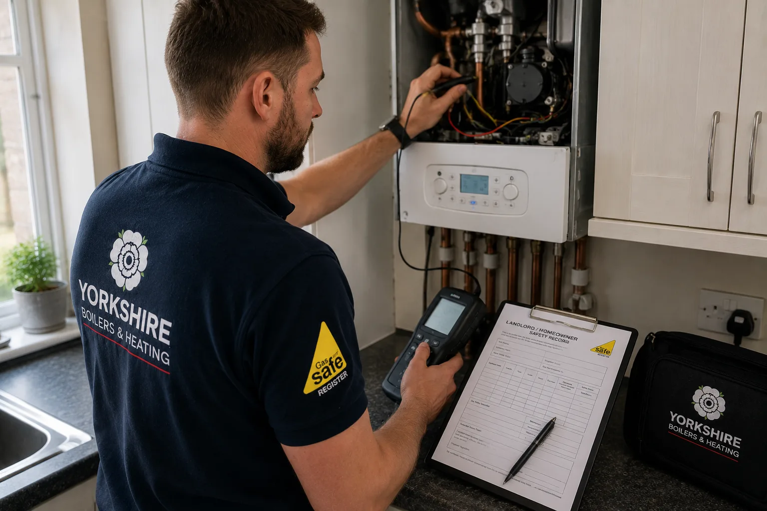 Yorkshire Boilers Gas Safe registered engineer carrying out a landlord gas safety check and completing the safety record