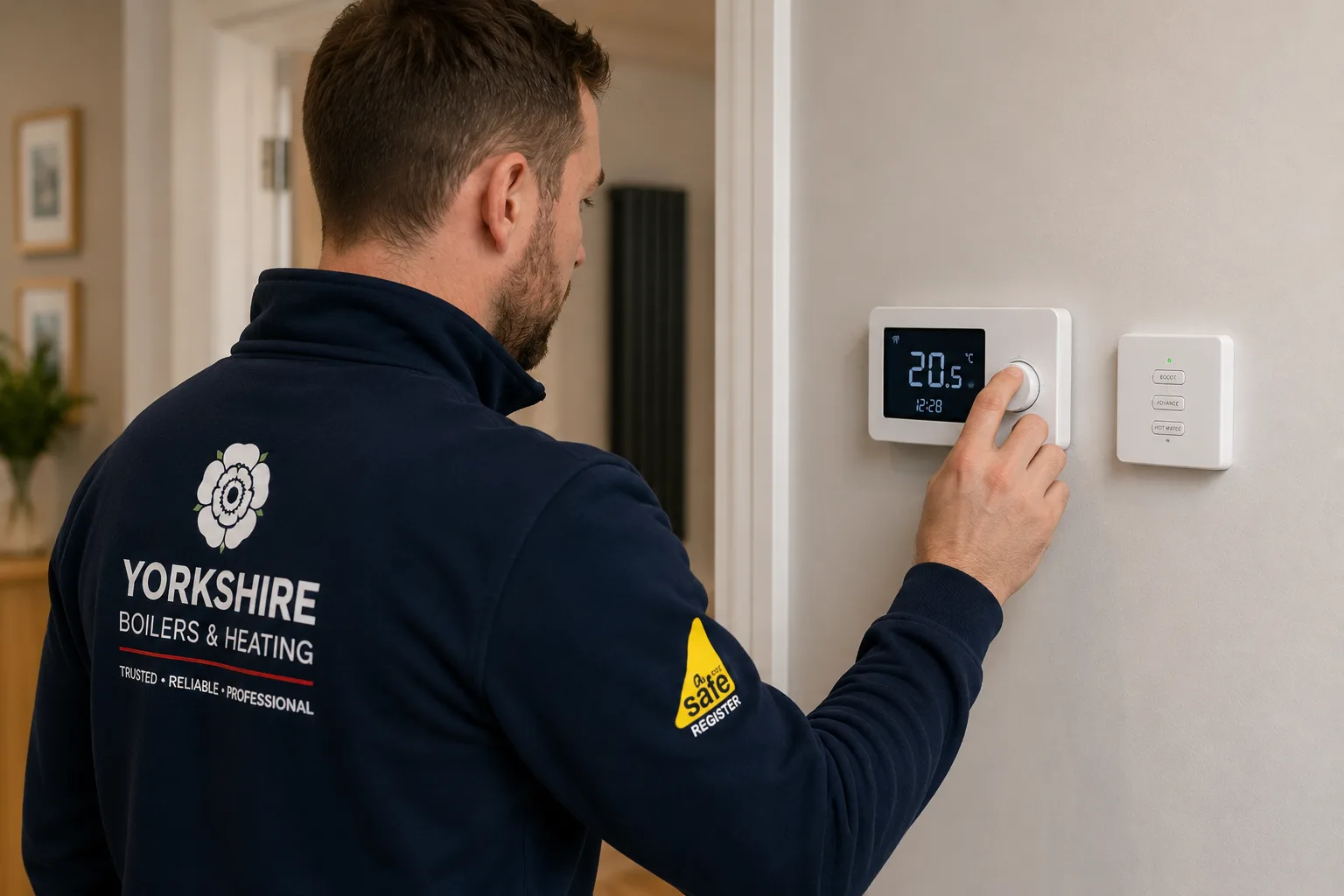 Yorkshire Boilers engineer setting a wall-mounted heating control panel, with a radiator visible on the same central heating system