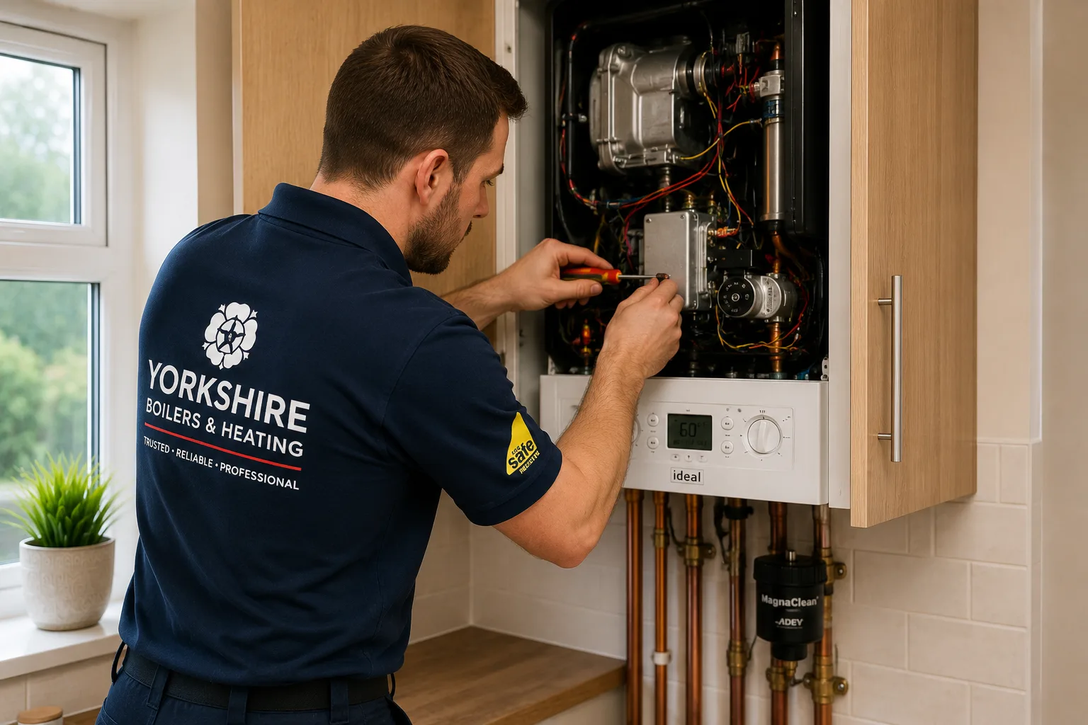 Diagnostic tools laid out beside a boiler during a repair visit.