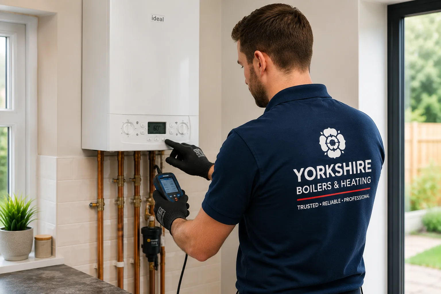Heating engineer checking a boiler fault in a domestic property.