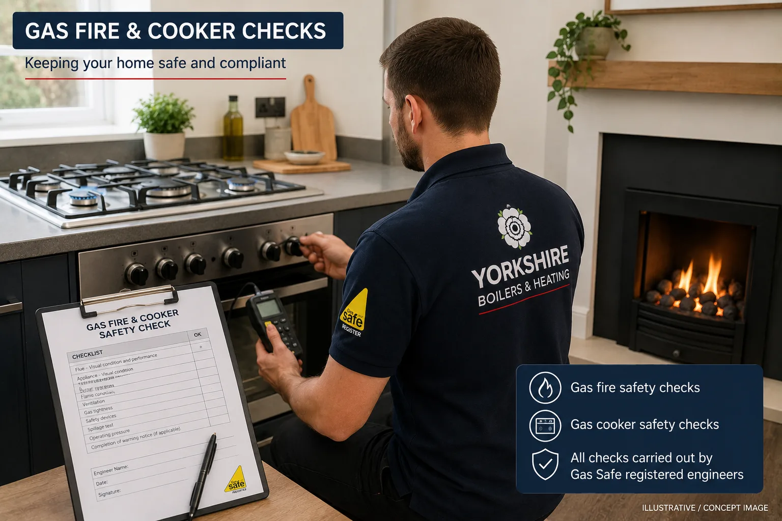 Gas Cooker And Gas Fire Checks In A UK Home Yorkshire Boilers website image.