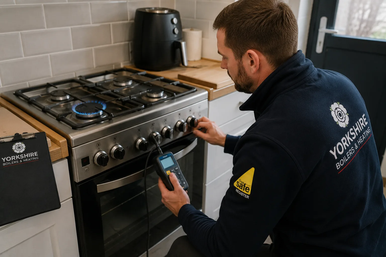 Yorkshire Boilers Engineer Checking A Gas Cooker website image.